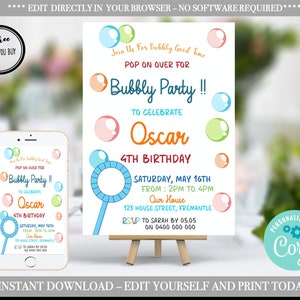 Bubble Birthday Invitation Bubbles Birthday Party Invite Pop Boy Blue Green Summer Instant download Corjl