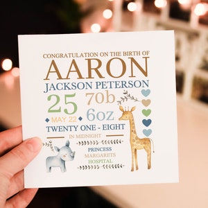 Personalised New Animal Baby Card, New Baby, Baby Boy Bunny Card, Cute New Born Card For Boy, Custom Baby Name, New Parents Card