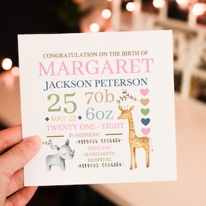Personalised New Animal Baby Card, New Baby, Baby Girl Bunny Card, Cute New Born Card For Girl, Custom Baby Name, New Parents Card