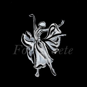Pode incluir: Uma ilustra&ccedil;&atilde;o em preto e branco de uma bailarina com um vestido fluido, com a palavra "Folie" parcialmente vis&iacute;vel no canto inferior esquerdo e "ete" parcialmente vis&iacute;vel no canto inferior direito.
