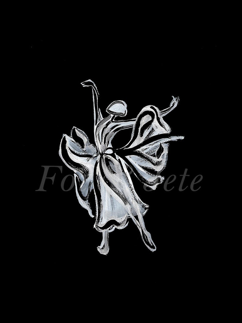 Pode incluir: Uma ilustra&ccedil;&atilde;o em preto e branco de uma bailarina com um vestido fluido, com a palavra "Folie" parcialmente vis&iacute;vel no canto inferior esquerdo e "ete" parcialmente vis&iacute;vel no canto inferior direito.