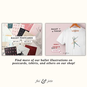 Pode incluir: Um conjunto de quatro cart&otilde;es postais com tema de bal&eacute; com um esquema de cores rosa e preto. Os cart&otilde;es postais apresentam uma bailarina em v&aacute;rias poses. O texto nos cart&otilde;es postais diz "Ballet Postcards" e "Set of 4".