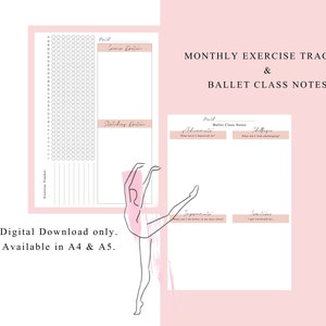 Dance Exercise Tracker Printables, Exercise Tracker, Ballet Class Notes, A4 & A5 Digital PDF file, Ballet Practice Tracker, Dance Journal