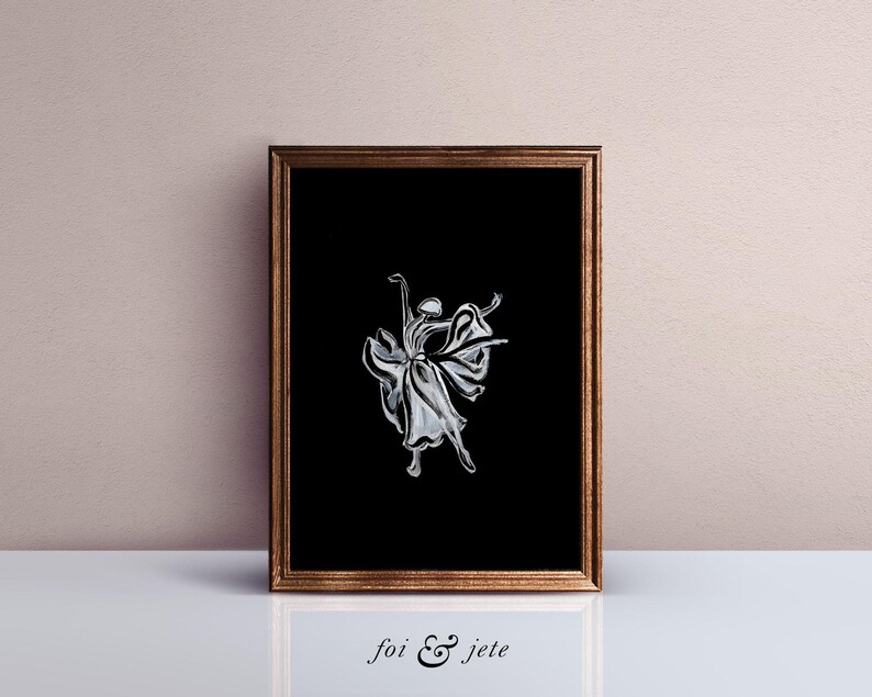 Pode incluir: Uma ilustra&ccedil;&atilde;o em preto e branco emoldurada de uma bailarina com um vestido fluido, com o texto "foi & jete" abaixo da imagem.