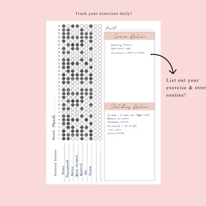 May include: A printable exercise tracker with a daily checklist for 31 days. The tracker includes a section for listing your exercise and stretching routine. The text on the page reads "Track your exercises daily!" and "List out your exercise & stretching routine!"