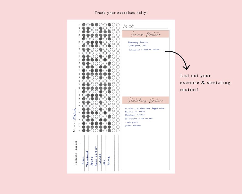 May include: A printable exercise tracker with a daily checklist for 31 days. The tracker includes a section for listing your exercise and stretching routine. The text on the page reads "Track your exercises daily!" and "List out your exercise & stretching routine!"