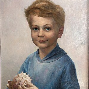 Portrait. Original oil painting on canvas by Ukrainian artist O. Samchuk .. Boy with a shell.. 50x40 cm., 2019