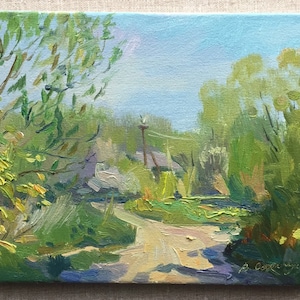 May include: A painting of a dirt road leading through a green forest with a blue sky in the background.