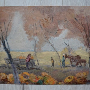 May include: An oil painting of a rural landscape, featuring figures, a horse-drawn cart, and a field. The artwork uses muted browns, yellows, and oranges, with visible brushstrokes. The painting has a nostalgic feel and a rustic charm.