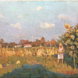 May include: A painting of a field with tall stalks of dried corn, a small house in the distance, and a young person standing in a field of sunflowers. The sky is a pale blue with white clouds.