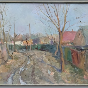 May include: A painting of a rural scene with a dirt road leading through a small village. The houses are painted in muted colors, and the trees are bare. The sky is a pale blue, and the sun is shining.