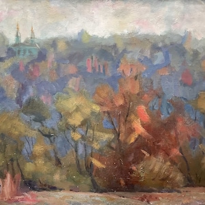 May include: A painting depicting a cityscape with a hazy sky and a forest in the foreground. The city is painted in shades of blue and purple, while the forest is a mix of green, yellow, and brown. The painting has a soft, impressionistic style.
