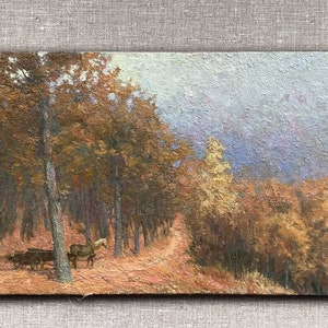 Landschaftsmalerei, Original Ölgemälde auf Leinwand vom Ukrainischen Künstler Olexander Samchuk, Herbstwald, Pferde, Karren.