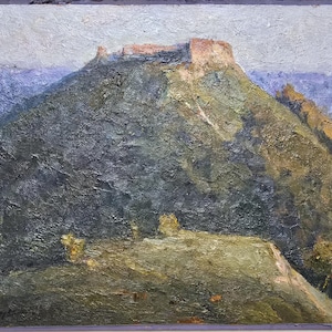 May include: An oil painting on canvas depicting a steep, dark green hill topped with the stone ruins of a castle. The landscape features textured brushstrokes in shades of olive, forest green, and brown, with a pale, overcast sky above.