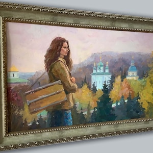 Paisagem, original, pintura a óleo sobre papelão artistas ucranianos V. Samchuk, outono. Mosteiro de Vydubychi, 2013