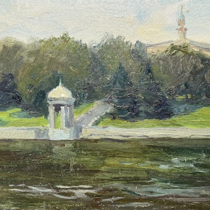 Pintura al óleo moderna original de la artista ucraniana Svitlana Lazareva "Río Svislach", 2005, cartón, óleo, 30 x 20 cm, Kiev
