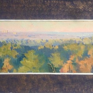 May include: A painting depicting a landscape with a forest in the foreground and a city skyline in the distance. The sky is a soft pink and blue, and the trees are a variety of greens.