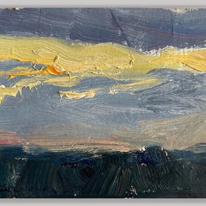 Pintura a óleo moderna original da artista ucraniana Svetlana Lazareva, "Está escurecendo", 2004, papelão, óleo, 11 x 16 cm