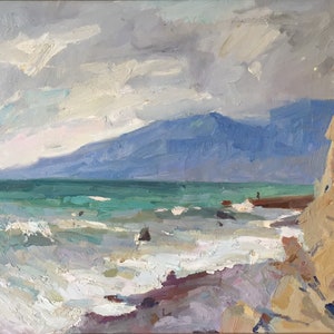 Día fresco, pintura al óleo, mar, ruido del mar.