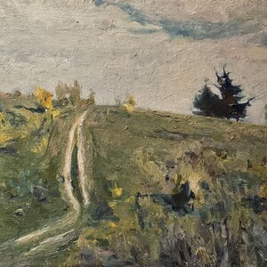 May include: Oil painting of a landscape featuring a winding dirt road ascending a grassy hill. The sky is overcast with muted tones of gray and blue. The foreground and hillside are painted in shades of green and yellow, with a few trees.