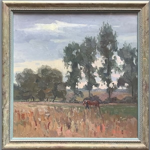 May include: A painting of a rural landscape with a brown horse in a field. The painting features a cloudy sky, tall trees, and a field of tall grass.
