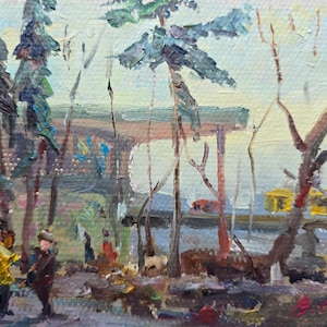 May include: A painting of a city scene with trees, a building, and a yellow bus. The painting is done in a loose, impressionistic style with visible brushstrokes. The colors are muted and earthy, with shades of blue, green, brown, and yellow.