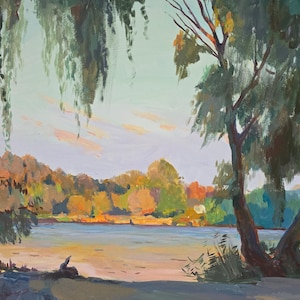 May include: An impressionistic landscape painting of a serene lake scene. The artwork features a vibrant palette of greens, blues, and oranges, depicting trees, water, and a colorful sky. The brushstrokes create a textured, naturalistic effect.
