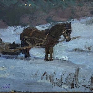 Pintura a óleo moderna original do artista ucraniano S. Lazareva, Noite de inverno na aldeia, 2007