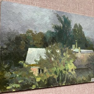 LANLANDSCAPE PAINTING, Pintura a óleo original sobre papelão do artista ucraniano Olexander Samchuk, ..Dia sombrio..2019