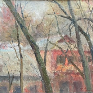Landscape, original , Oil painting on canvas Ukraine artists V.Samchuk , Inspiration, autumn, pastel, gold, 2008