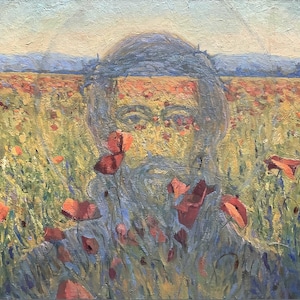 Paisaje, icono, flor, original, símbolo, pintura al óleo sobre lienzo del artista ucraniano V. Samchuk, Campo de la Victoria, 2014