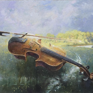 May include: Oil painting of a violin with a bow resting on it, set against a landscape of a river and trees. The violin is brown and gold, with a dark fingerboard. The background features a cloudy sky.