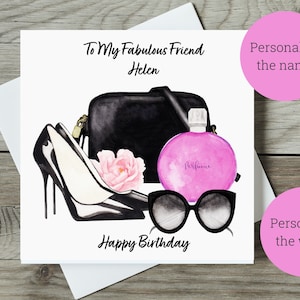 Geburtstagskarte für Freundin / Handtasche, Stilettos, Parfüm, Sonnenbrille / Fabelhafter Freund, Bester Freund, Bestie, BFF / Personalisierte Geburtstagskarte