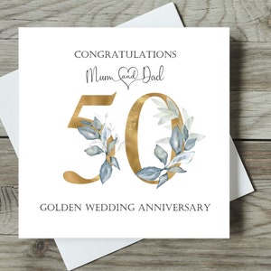 Goldene Hochzeit Jubiläumskarte / Jubiläumskarte 50.Hochzeit / Jubiläumskarte personalisiert / Goldene Zahl mit Grünem Dekor