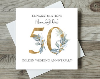 Golden Wedding Anniversary Card / 50th Wedding Anniversary Card / Personalised Anniversary Card / Golden Number with Embellished Greenery