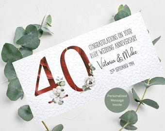 Personalised Ruby Wedding Anniversary Money Wallet / 40th Anniversary Gift / Personalised Names and Message Inside / 21cm x 10cm