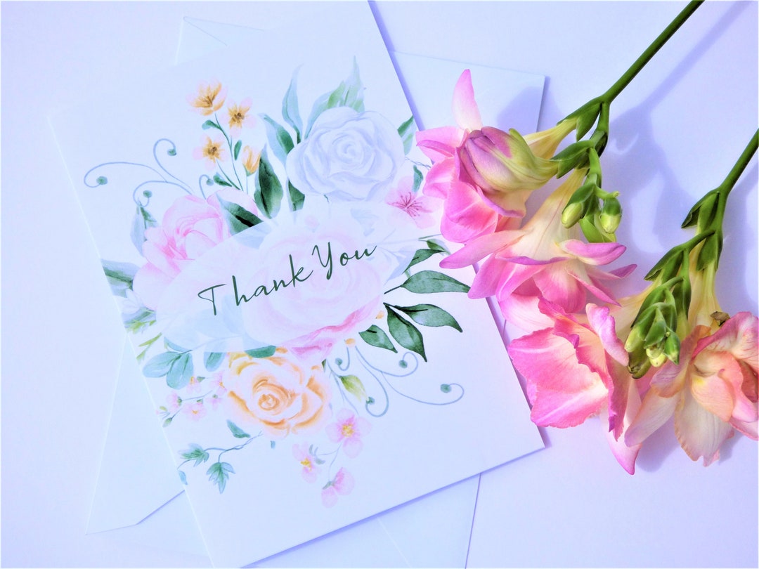 Thank You Card / Watercolour Floral Design / Flowers / Roses / Foliage ...