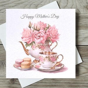 Muttertagskarte / Muttertags-Sonntag / Porzellan-Teekanne und Teetasse mit Blumen / Goldprägung / Quadratische Karte