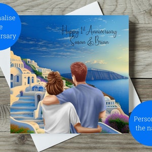 Personalisierte Jubiläumskarte / alles Gute zum Jubiläum / Personalisieren Sie das Jubiläumsjahr und die Namen / Paar mit griechischem Insel Hintergrund