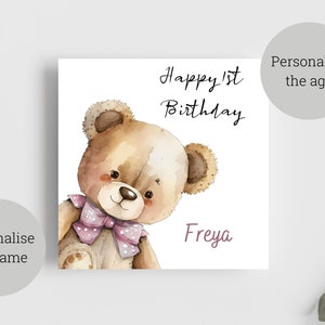 Personalisierte Geburtstagskarte für Kind / Personalisiere den Namen und das Alter / Süßer Teddybär / Quadratische Karte