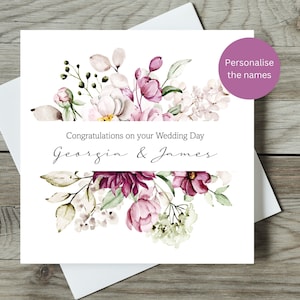 Personalisierte Hochzeitskarte / Personalisierte Namen / Mr and Mrs, Mrs and Mrs, Mr and Mr / Rosa Pfingstrosen / Quadratische Karte