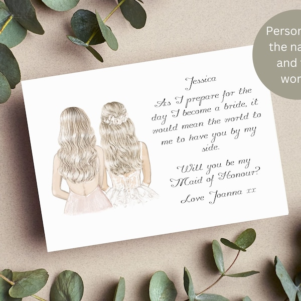 Will You Be My Bridesmaid, Maid of Honour Card / Beautiful, Personalised Bridesmaid Proposal Card / Postcard Style