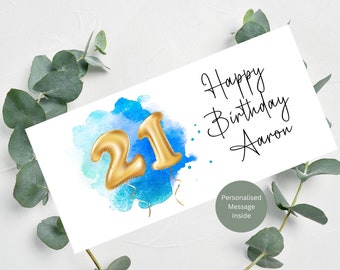 Personalised 21st Birthday Money Wallet / Birthday Gift / Personalised Name and Message Inside / Gold Foil Balloons Design / 21cm x 10cm