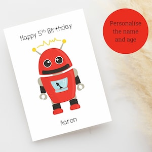 Geburtstagskarte für kleinen Jungen oder Mädchen / personalisierte Kindergeburtstagskarte / roter Roboter / personalisierte Name und Alter / Karte für Kind