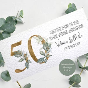 Personalisierte Brieftasche zur Goldenen Hochzeit Jahrestag / Geschenk zum 50. Jahrestag / Personalisierte Namen und Nachricht innen / 21 cm x 10 cm