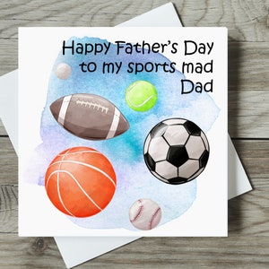 Vatertagskarte für Sports Mad Dad / Sportfan / Football, Tennis, Basketball, Golf, Baseball, Rugby / Square Card