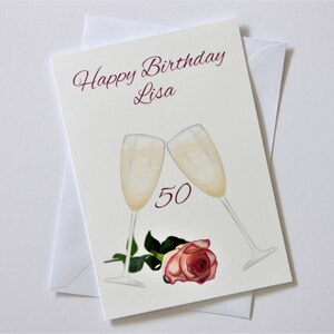 Personalisierte Geburtstagskarte mit Name und Alter / Champagner/Prosecco mit Single Rose