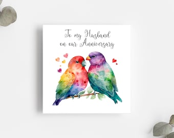 Husband or Wife Anniversary Card / Happy Anniversary / Love Birds / Watercolour Birds / Square Card