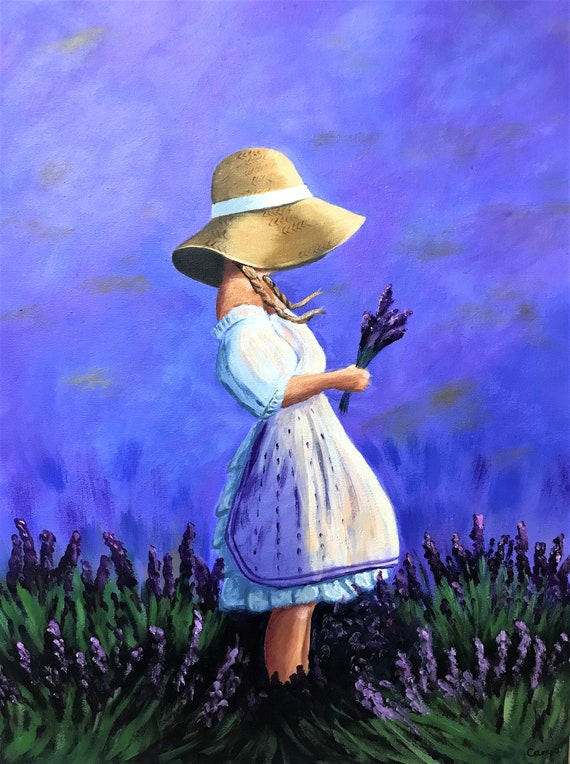 Lavender field miniature painting on a small canvas