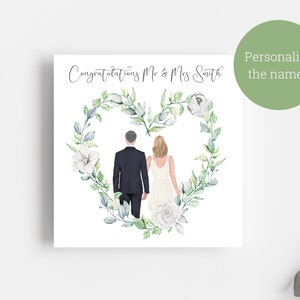 Personalisierte Hochzeitskarte / ältere Braut und Bräutigam in einem schönen herzförmigen Kranz / Zweite Ehe / Quadratische Hochzeitskarte